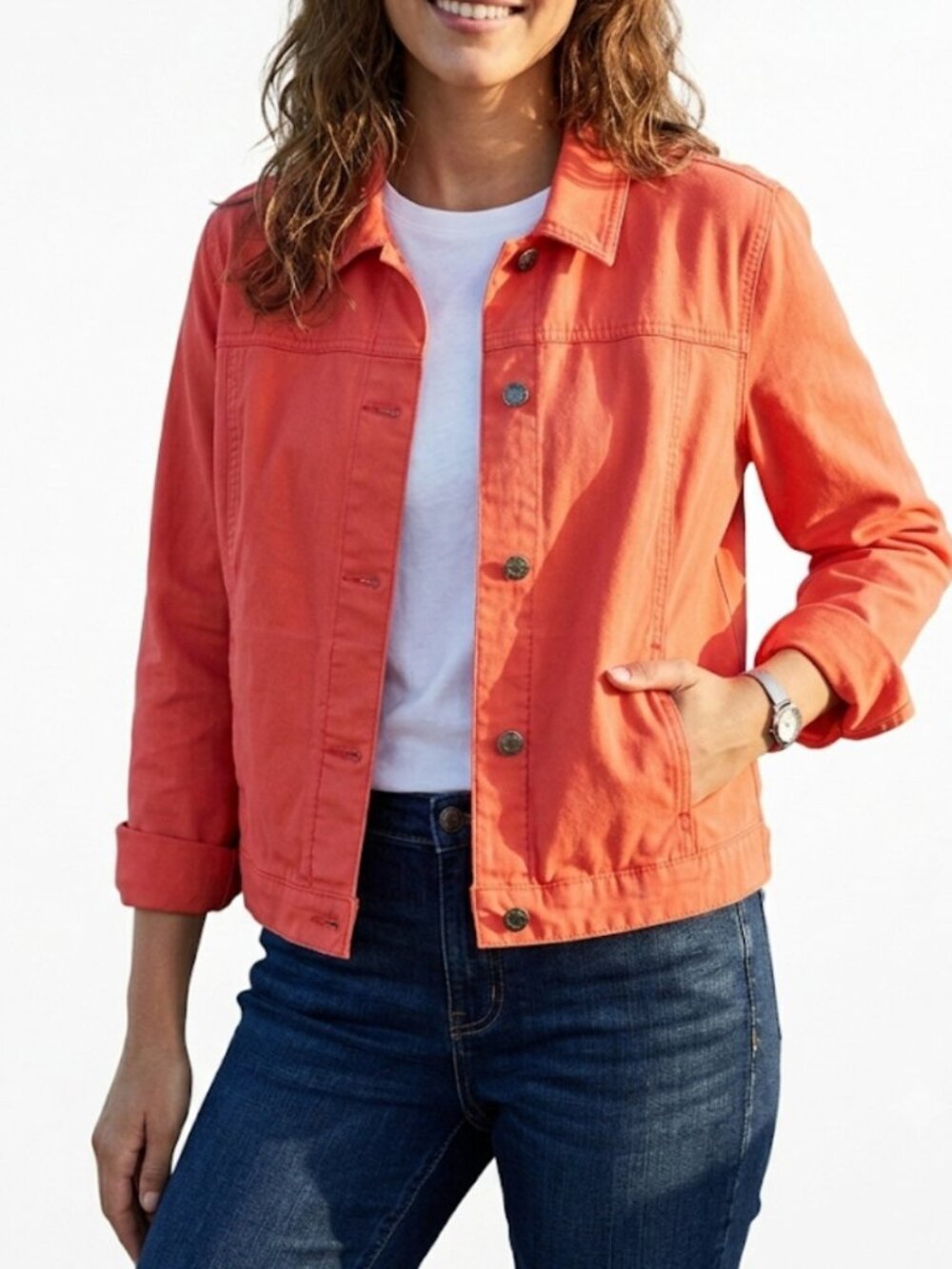 L.L. Bean Womens Sunwashed Cotton Canvas Jacket Vibrant Coral-Orange Size L